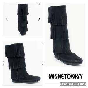 Minnetonka 3-Layer Black Fringe Boot 12" tall   cowgirl western size 7